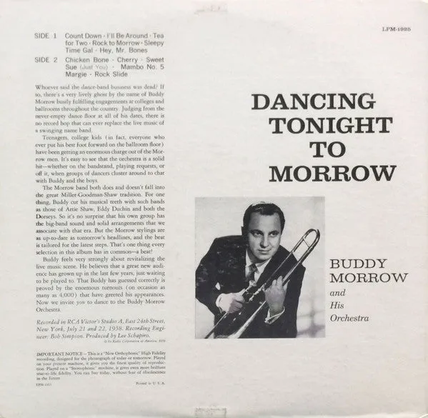 Buddy Morrow And His Orchestra - Dancing Tonight To Morrow (LP, Album, Mono) (VG )