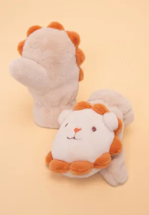 CREAM CUTE LION FLUFFY MITTENS