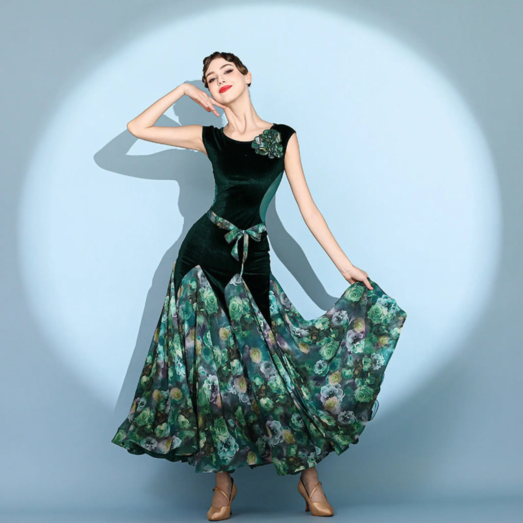 Floral Print Ballroom Dress | Green / Red | 2112