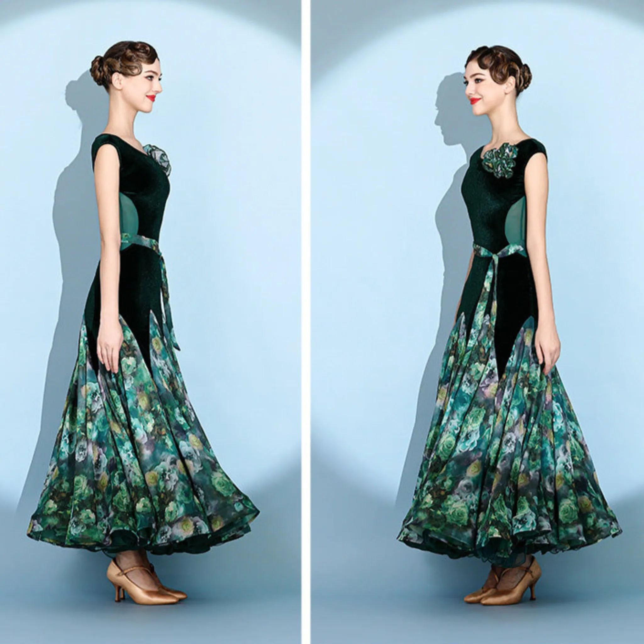 Floral Print Ballroom Dress | Green / Red | 2112