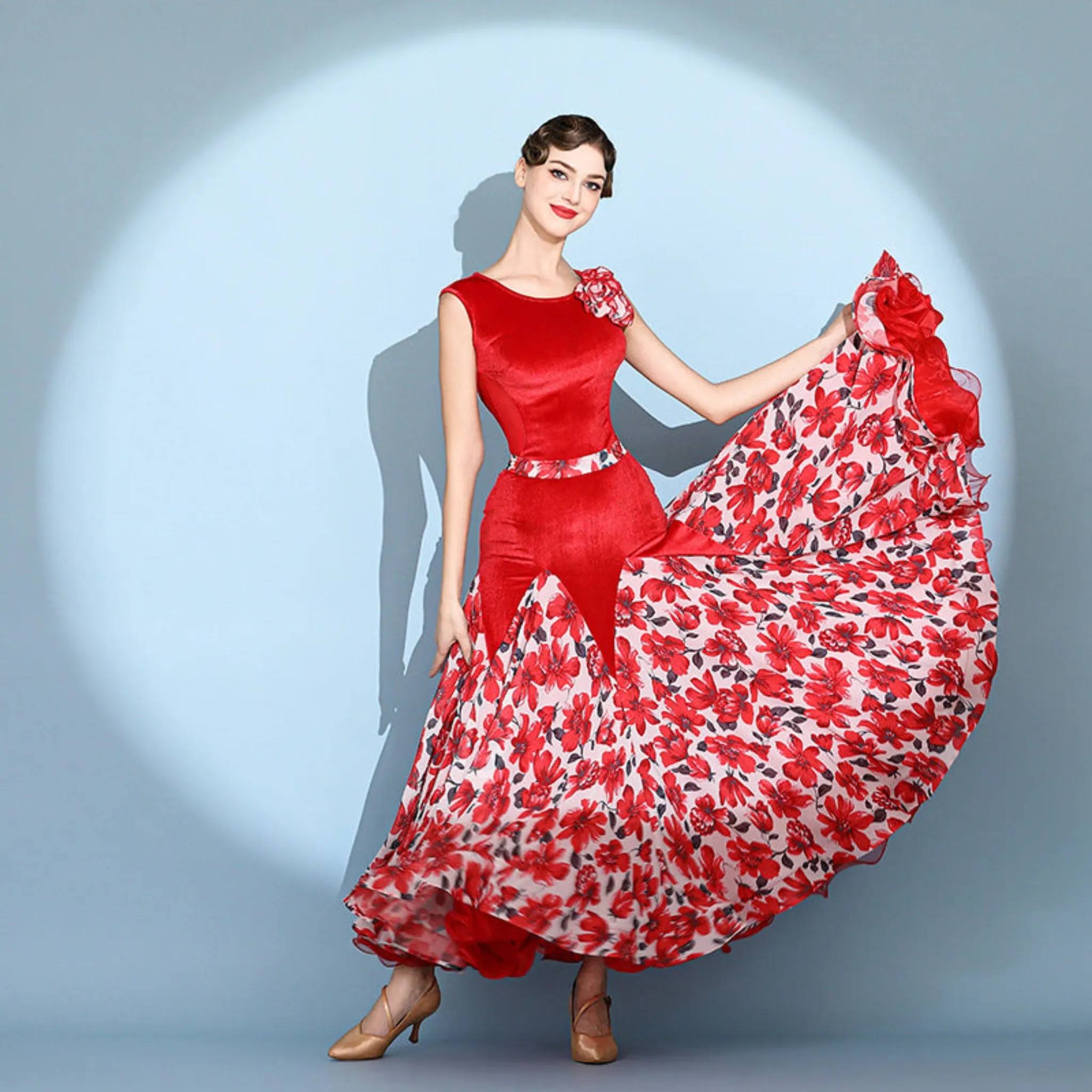 Floral Print Ballroom Dress | Green / Red | 2112