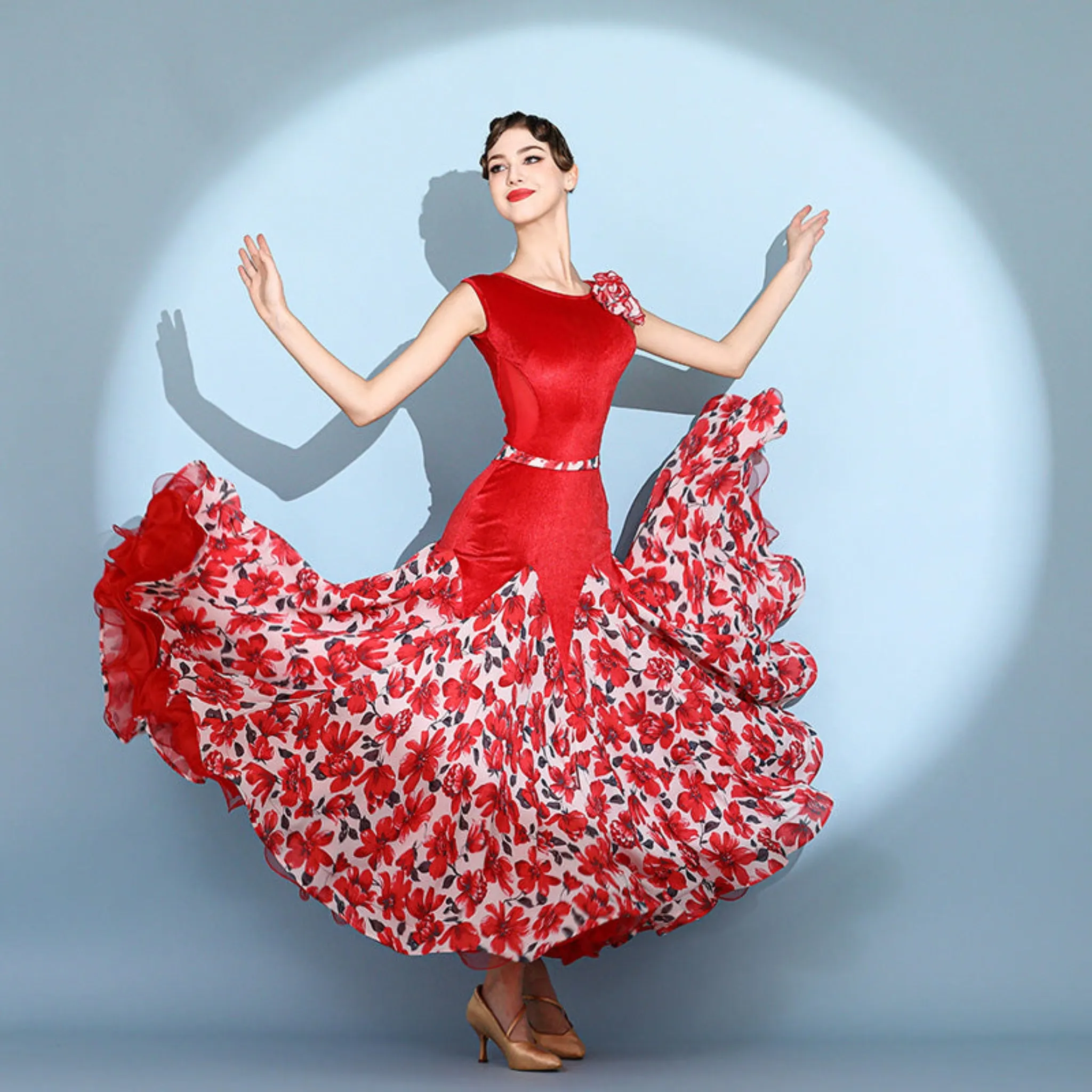 Floral Print Ballroom Dress | Green / Red | 2112