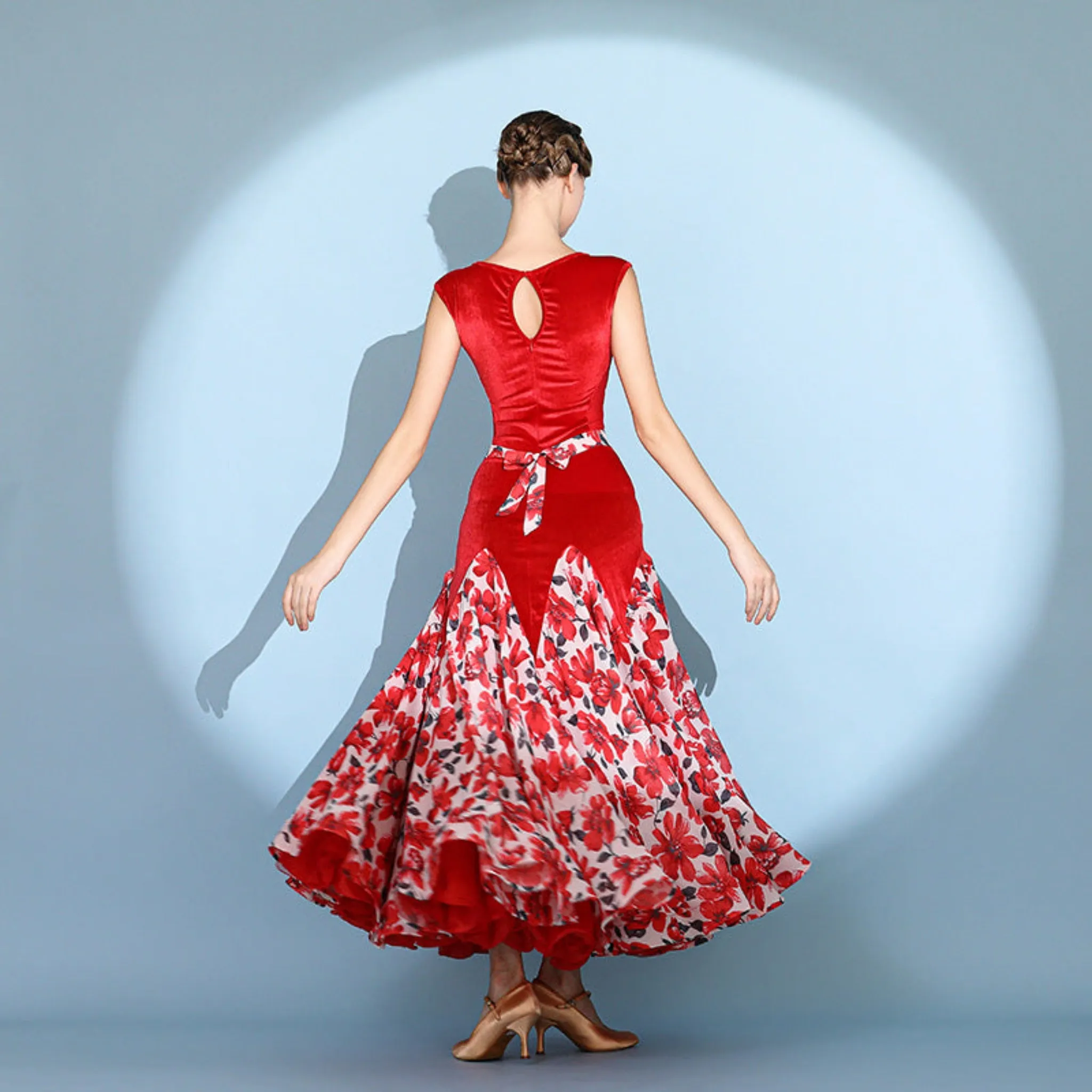 Floral Print Ballroom Dress | Green / Red | 2112