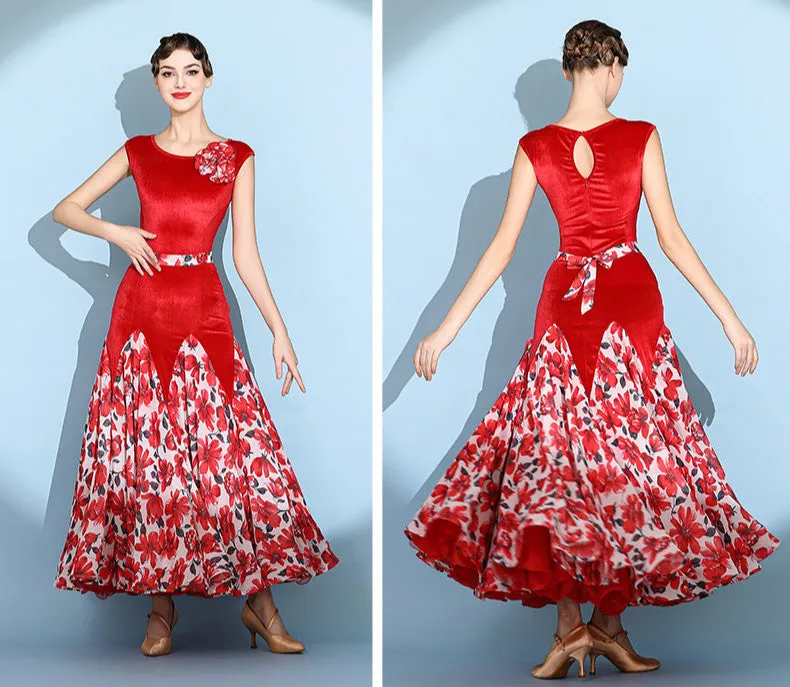 Floral Print Ballroom Dress | Green / Red | 2112